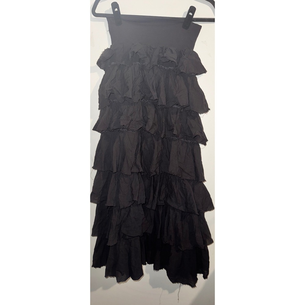 Bershka Women Tiered Ruffle Midi Skirt Black Cotton Boho Grunge Size XS